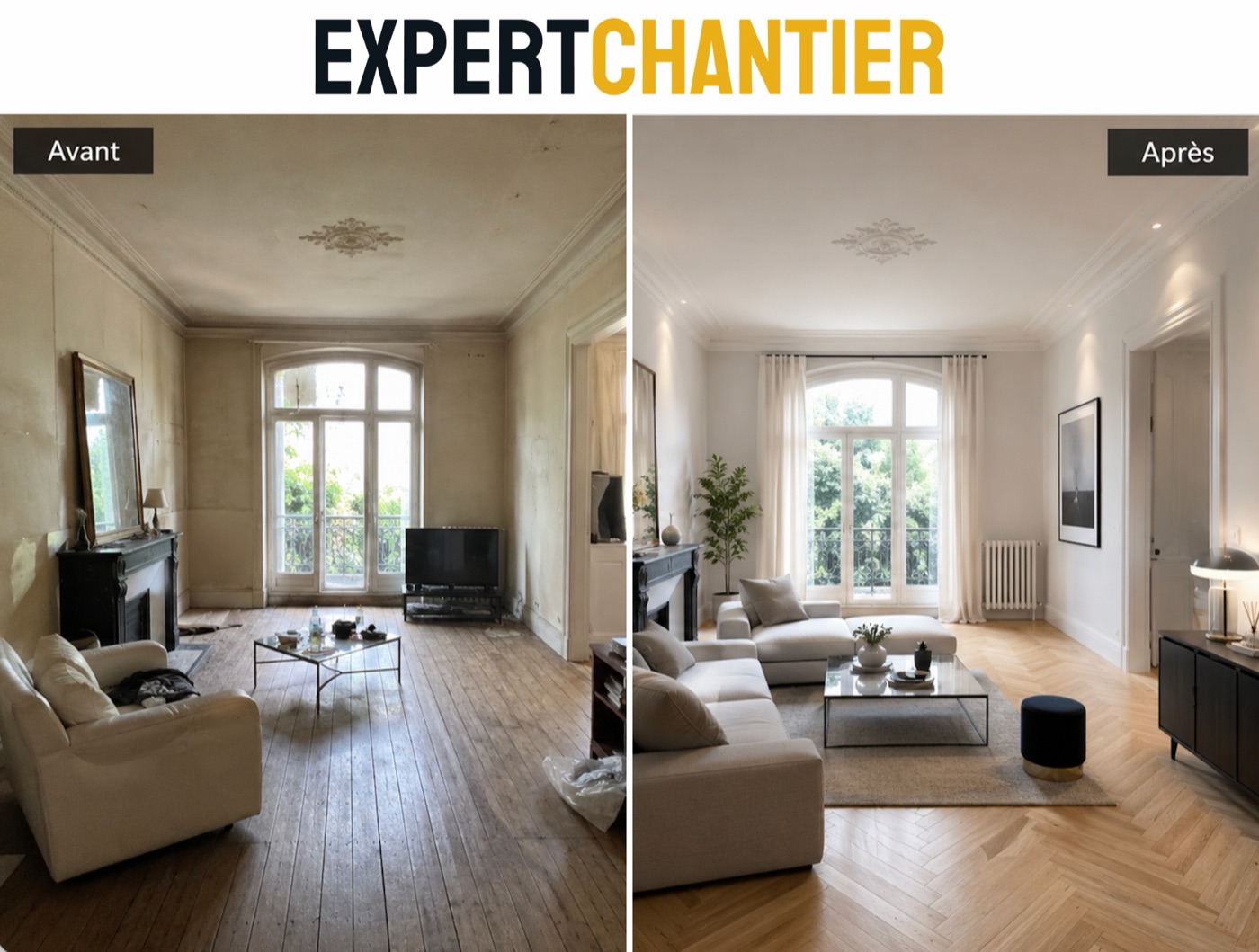 Beispiel eines Vorher/Nachher-Bildes mit Compare2Go.io: renoviertes Wohnzimmer